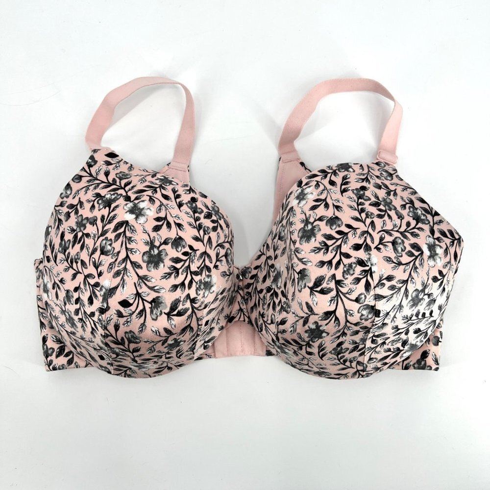 Cacique Lightly Lined Bra In Pale Blush Pink With Gray Floral Print Size 40ddd